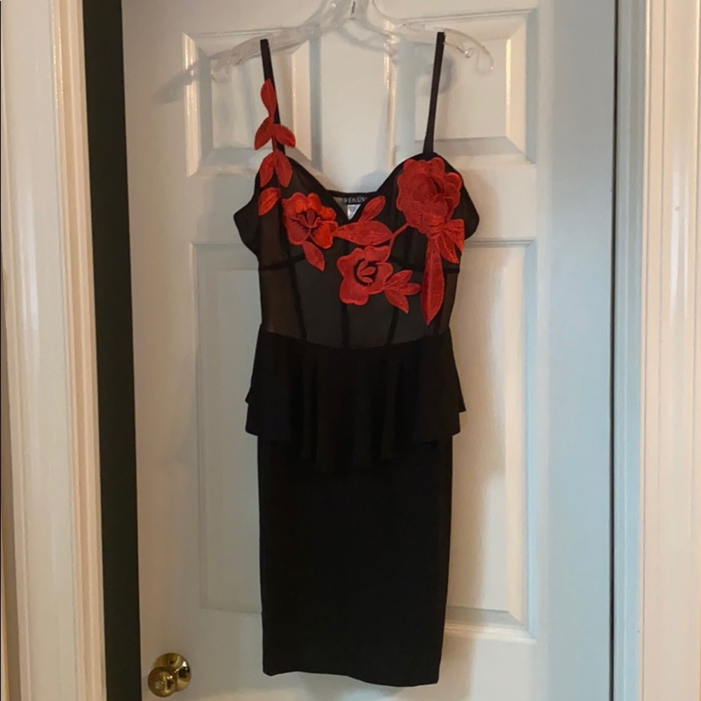 Black peplum dress with detail red flowers